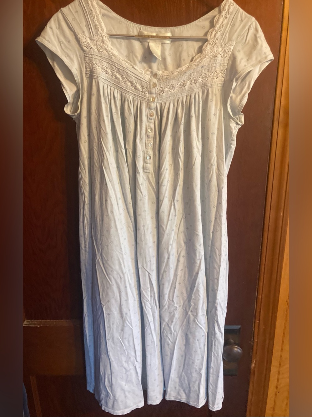 Eileen West Nightgown Ditsy Blue Cotton Jersey Knit Short Sleeve Lace M Prairie